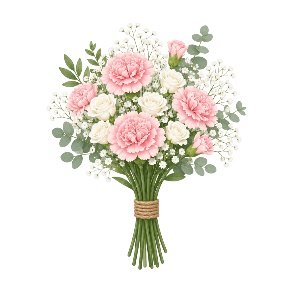 Decorative digital bouquet combining blush carnations and small white roses.