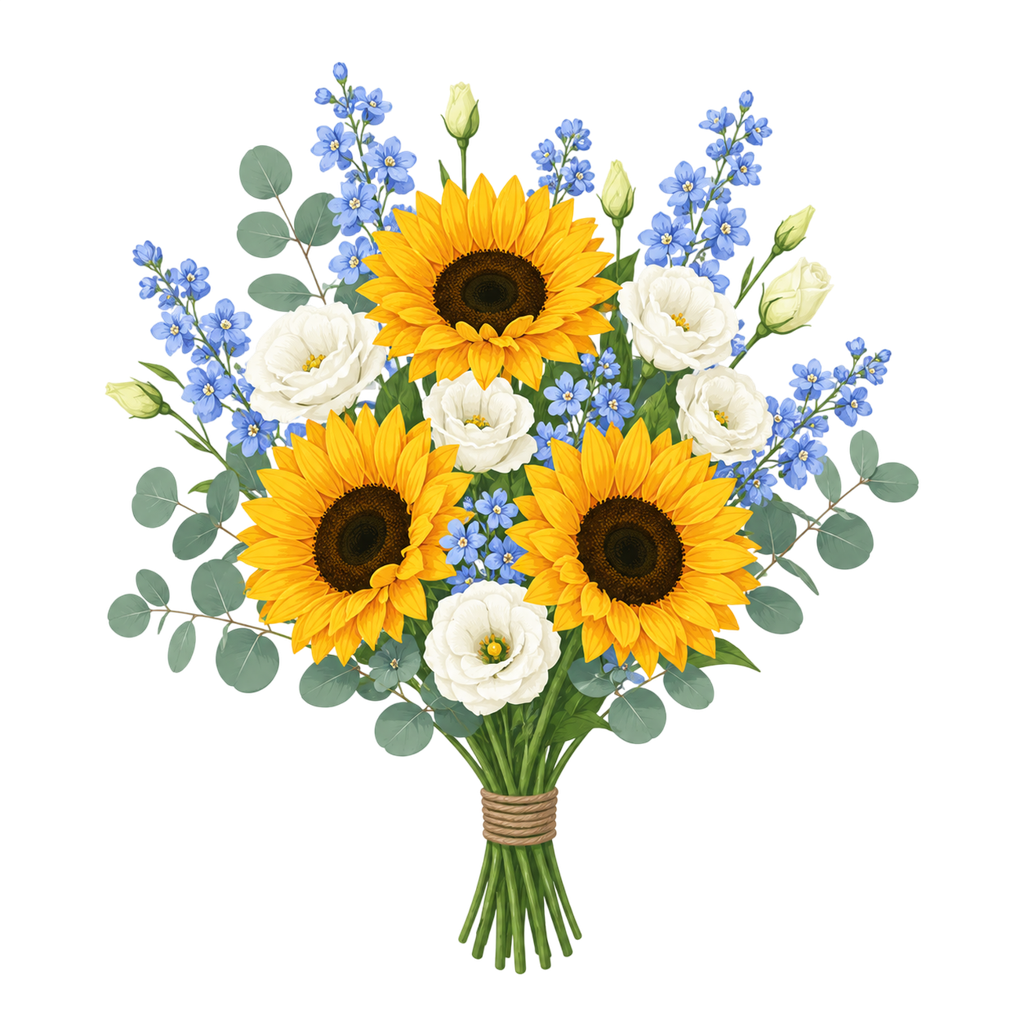 Digitale Illustration mit Sonnenblumen, weißem Lisianthus und blauem Rittersporn
